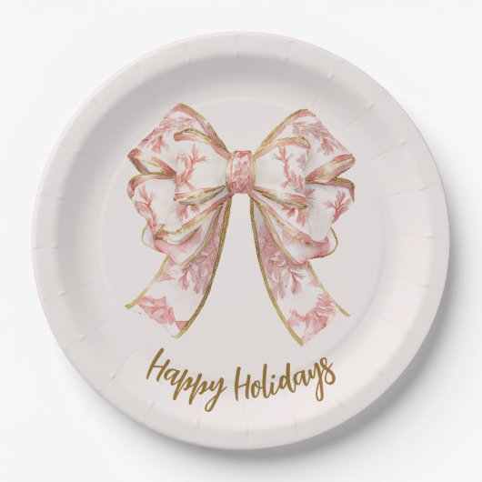 Pink Pastel Elegant Christmas Bow Paper Plates ペーパープレート (正面)