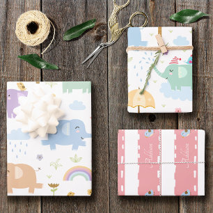 Pink Pastel Elephant Pattern for Little Girl Party ラッピングペーパーシート