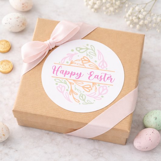 Pink Pastel Floral Easter Egg Happy Easter Sticker ラウンドシール
