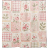 Pink Pastel Floral & Gingham Quilt Patchwork シャワーカーテン (正面)