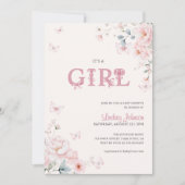 Pink Pastel Floral It's A Girl Bow Baby Shower 招待状 (正面)