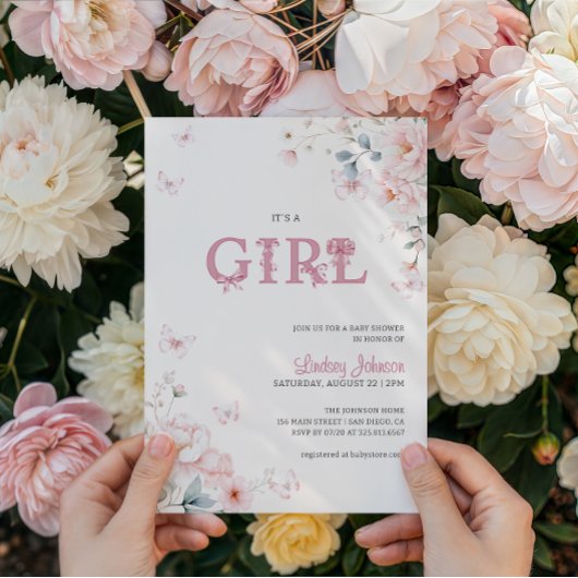Pink Pastel Floral It's A Girl Bow Baby Shower 招待状