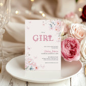Pink Pastel Floral It's A Girl Bow Baby Shower 招待状