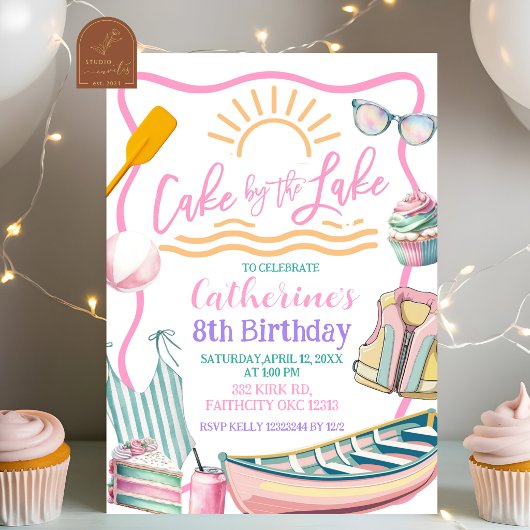 Pink pastel girl Lake party birthday invitation 招待状