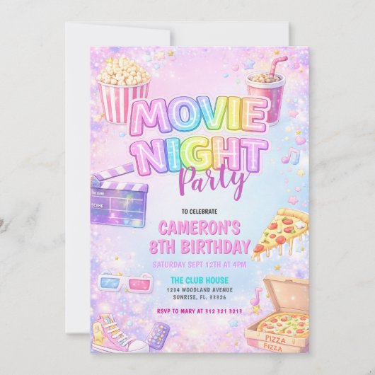 Pink Pastel Movie Night Birthday Party  招待状 (正面)