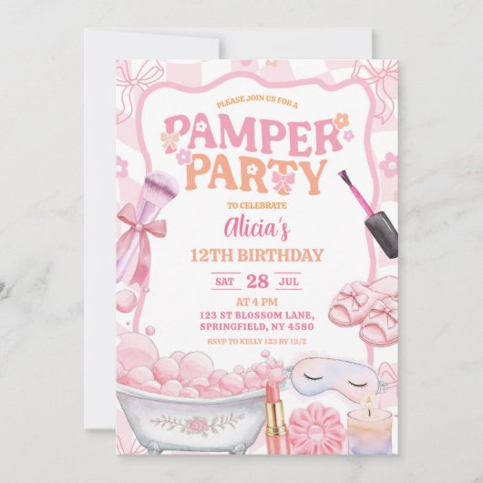 Pink Pastel Retro Spa Pamper Party Birthday 招待状 (正面)