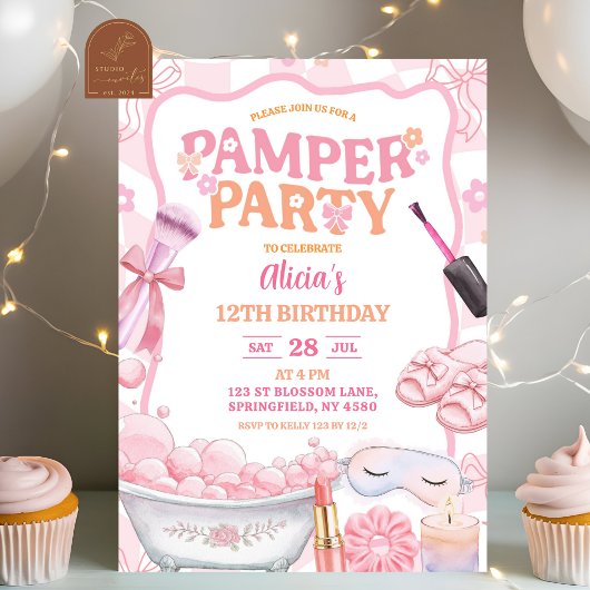 Pink Pastel Retro Spa Pamper Party Birthday 招待状
