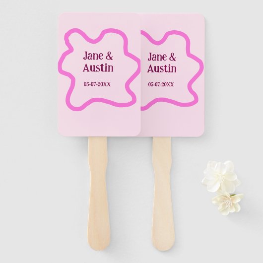 Pink pastel retro wedding border frame name date ハンドファン (正面&裏面)