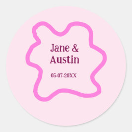 Pink pastel retro wedding border frame name date ラウンドシール