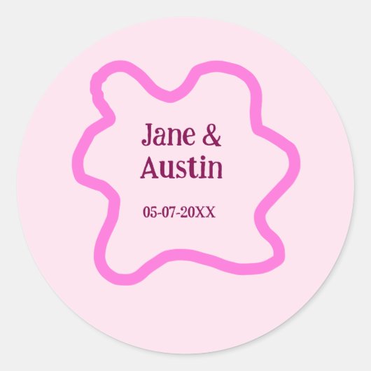 Pink pastel retro wedding border frame name date ラウンドシール (正面)