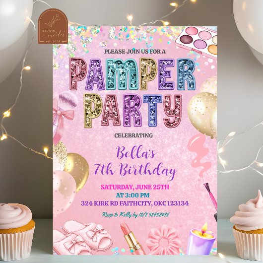 Pink Pastel Sequin Glitter Pamper Party Birthday 招待状
