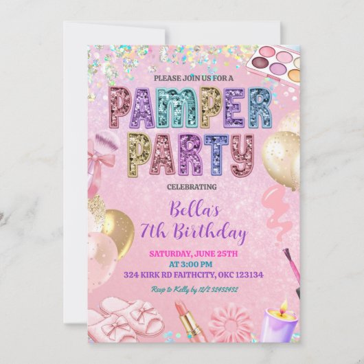 Pink Pastel Sequin Glitter Pamper Party Birthday 招待状 (正面)