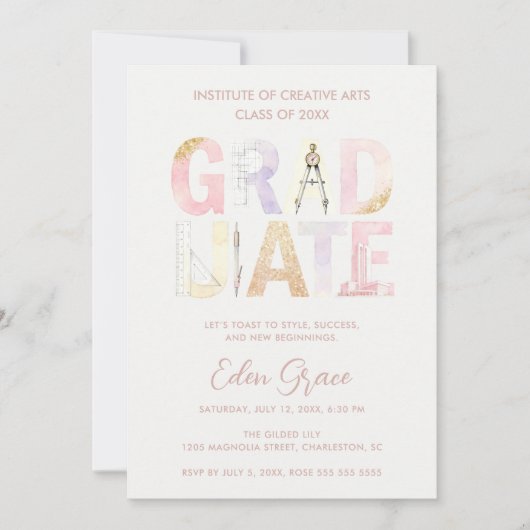 Pink Pastel Soft Dreamy Architect Graduation 招待状 (正面)