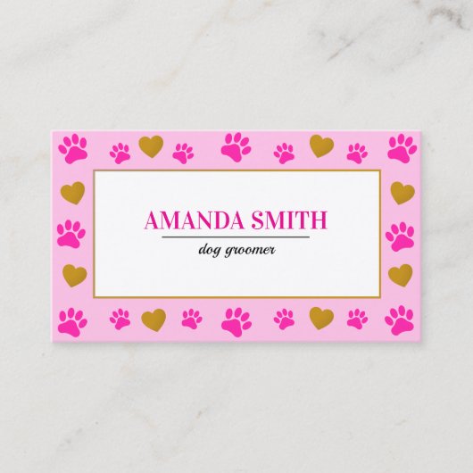 Pink Paw Prints Heart Dog Groomer Business Card 名刺 (正面)