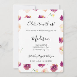 Pink Peach Burgundy Watercolor Flowers 招待状