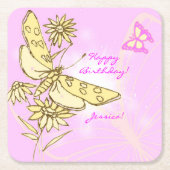 Pink Peach Butterfly スクエアペーパーコースター (正面)