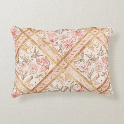 Pink Peach Florals Flowers Pattern and Ribbon アクセントクッション (正面)
