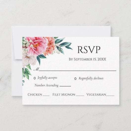 Pink Peach Peonies Floral Eucalyptus Wedding 出欠カード (正面)