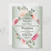 Pink Peach Roses Rustic Green Geometric Wedding 招待状 (正面)