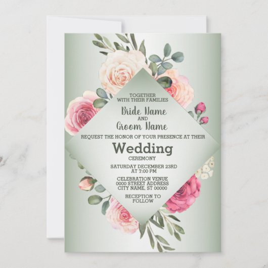 Pink Peach Roses Rustic Green Geometric Wedding 招待状 (正面)