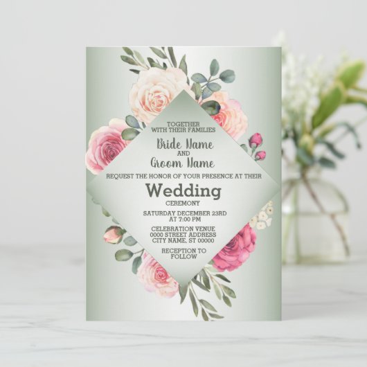 Pink Peach Roses Rustic Green Geometric Wedding 招待状 (スタンド正面)