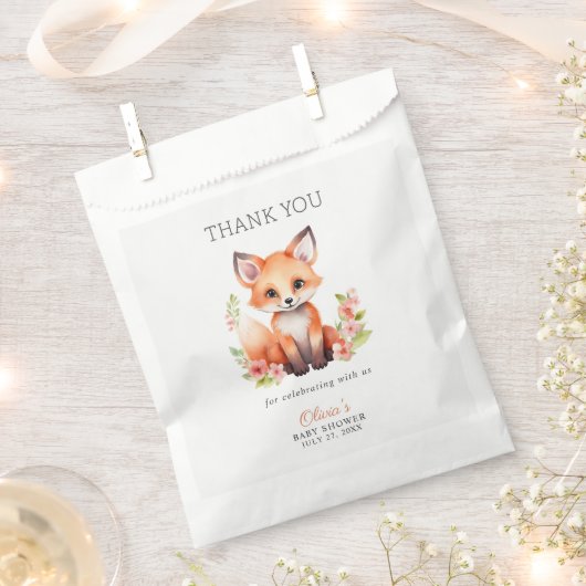 Pink Peach Woodland Fox Baby Shower Favor Bag フェイバーバッグ (クリップ留めされた状態)