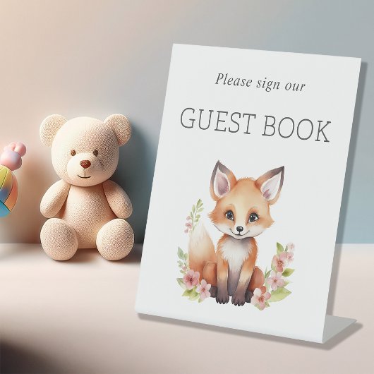 Pink Peach Woodland Fox Baby Shower Guest Book 台座サイン