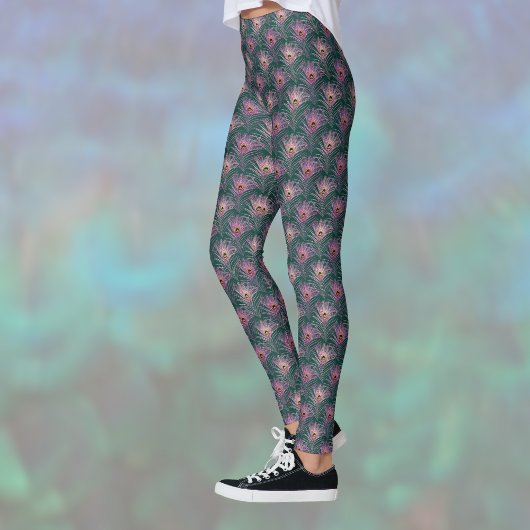 Pink Peacock Feathers Pretty Pattern on Deep Green レギンス