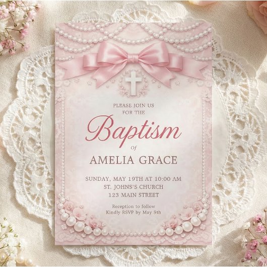 Pink Pearl Baptism Invitation Design Satin Bow 招待状