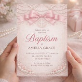 Pink Pearl Baptism Invitation Design Satin Bow 招待状