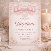 Pink Pearl Baptism Invitation Design Satin Bow 招待状
