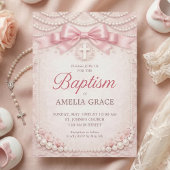Pink Pearl Baptism Invitation Design Satin Bow 招待状