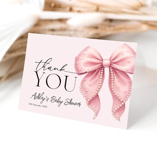 Pink Pearl Bow Baby Shower Thank You Card サンキューカード