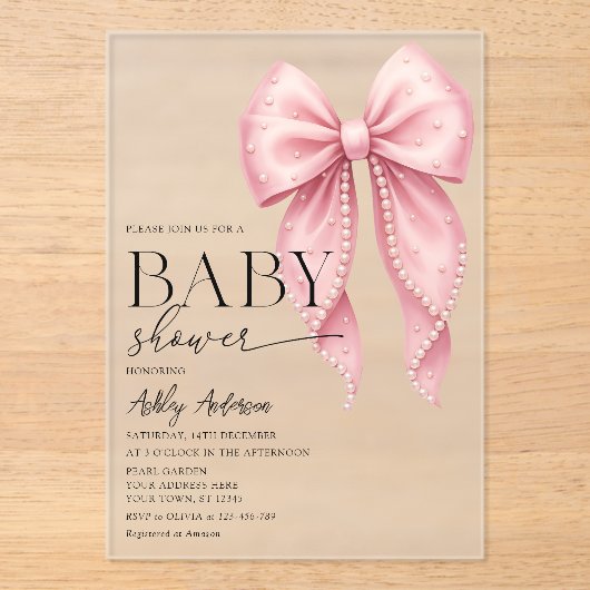 Pink Pearl Bow Girl Baby Shower アクリル招待状 (正面)