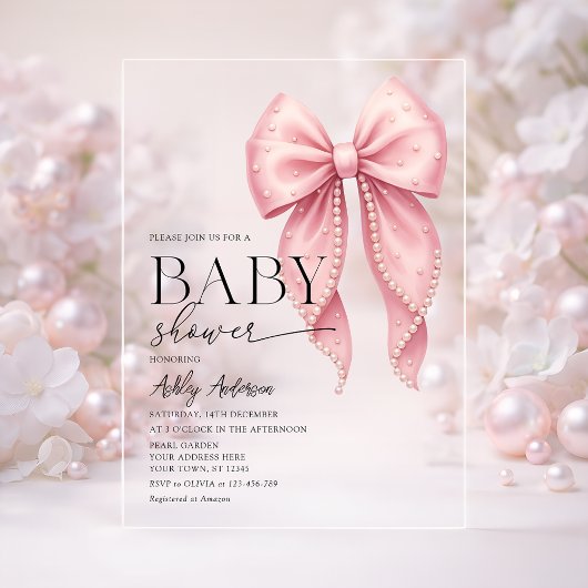 Pink Pearl Bow Girl Baby Shower アクリル招待状