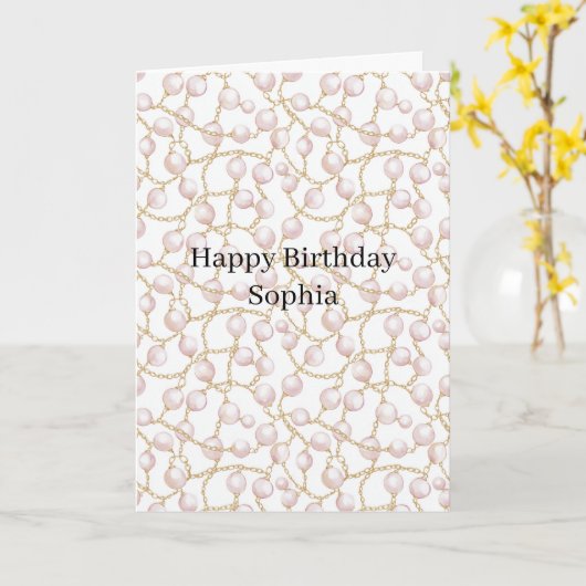 Pink Pearls Gold Chain Birthday カード (黄色い花)