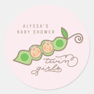 Pink Peas in a Pod Girl Twins Baby Showerステッカー ラウンドシール