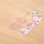Pink Peonies Arch First Communion アクリル招待状 (レイダウン)