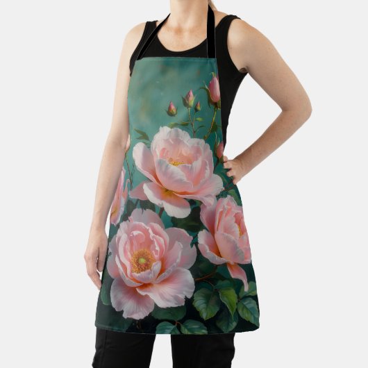 Pink Peonies Artwork on Emerald Green エプロン (インサイチュ)