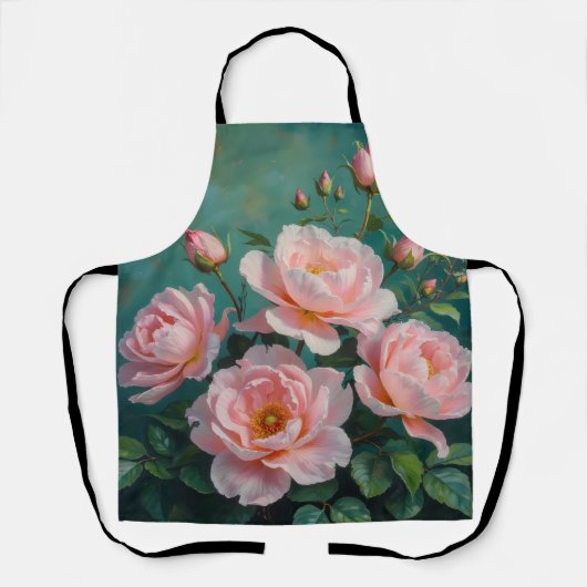 Pink Peonies Artwork on Emerald Green エプロン (正面)