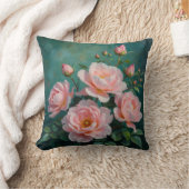 Pink Peonies Artwork on Emerald Green クッション (ブランケット)