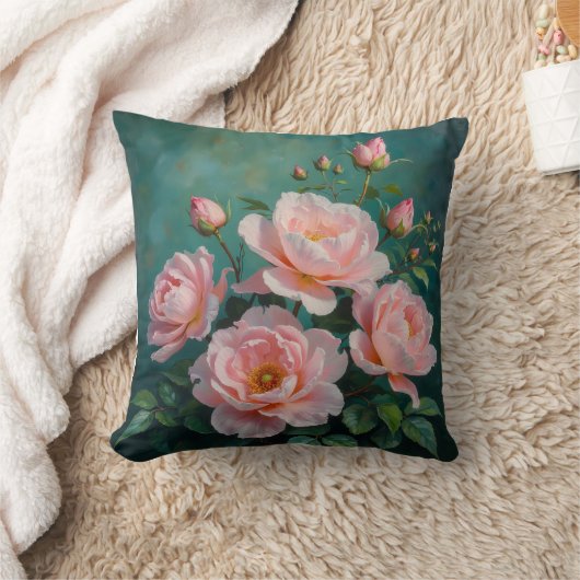 Pink Peonies Artwork on Emerald Green クッション (ブランケット)