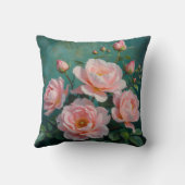 Pink Peonies Artwork on Emerald Green クッション (裏面)
