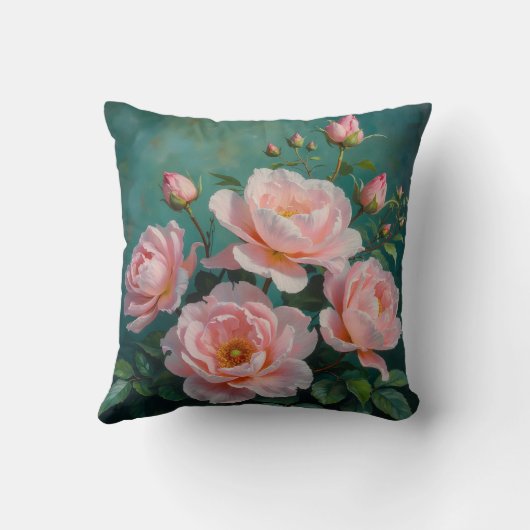 Pink Peonies Artwork on Emerald Green クッション (裏面)