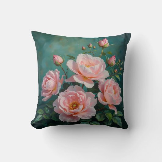 Pink Peonies Artwork on Emerald Green クッション (正面)