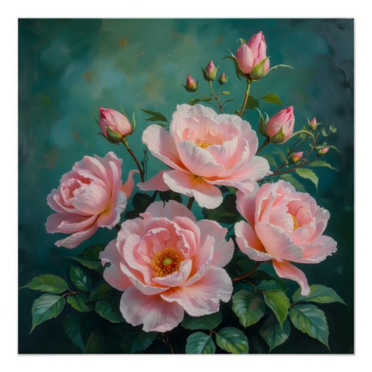 Pink Peonies Artwork on Emerald Green ポスター (正面)