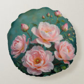 Pink Peonies Artwork on Emerald Green ラウンドクッション (裏面)