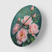 Pink Peonies Artwork on Emerald Green ラウンド壁時計 (傾斜)
