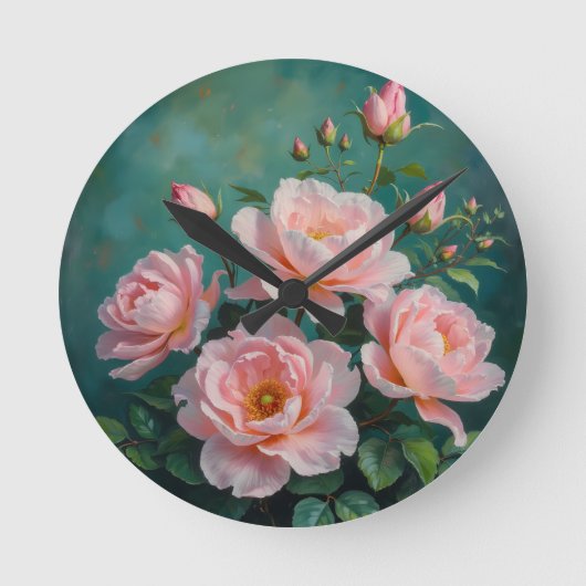 Pink Peonies Artwork on Emerald Green ラウンド壁時計 (正面)