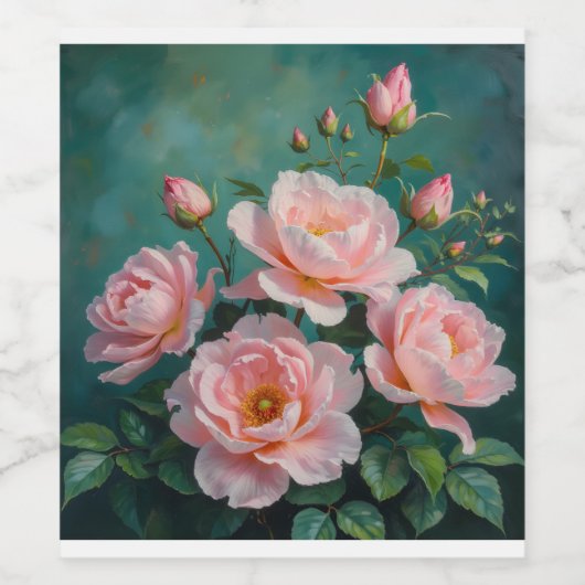 Pink Peonies Artwork on Emerald Green ワインラベル (シングルラベル)